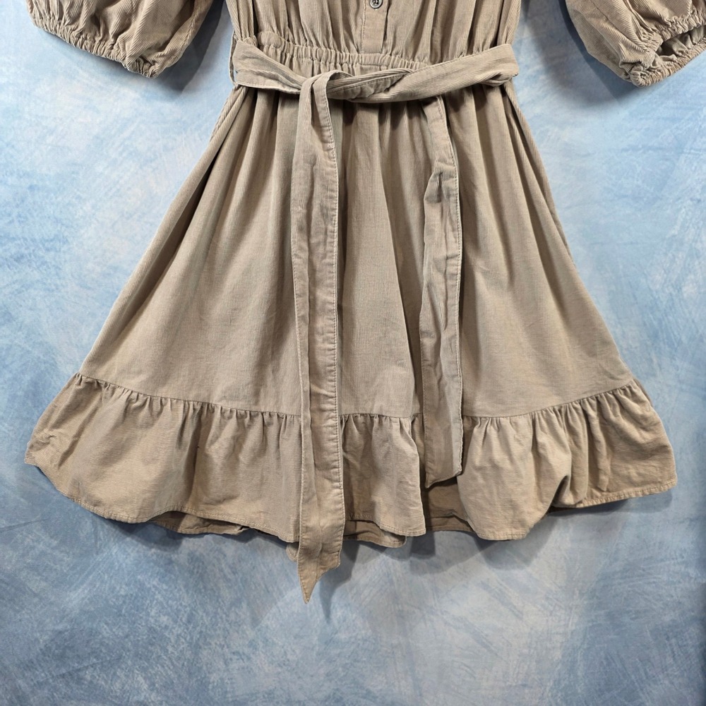 Velvet Heart Tan Corduroy Puff Sleeve Mini Dress V-Neck Ruffle Hem Small - Picture 3 of 8